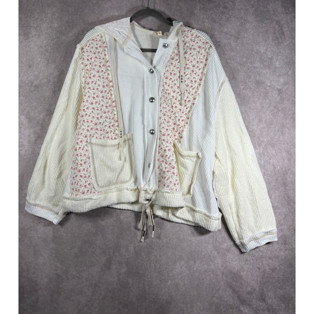 POL Jacket Women M White Floral Waffle Knit Mixed Media Boho Shacket Cottagecore